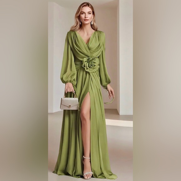 Dresses & Skirts - Elegant Chiffon Solid Color Long Slit Puff Sleeve Maxi Dress
